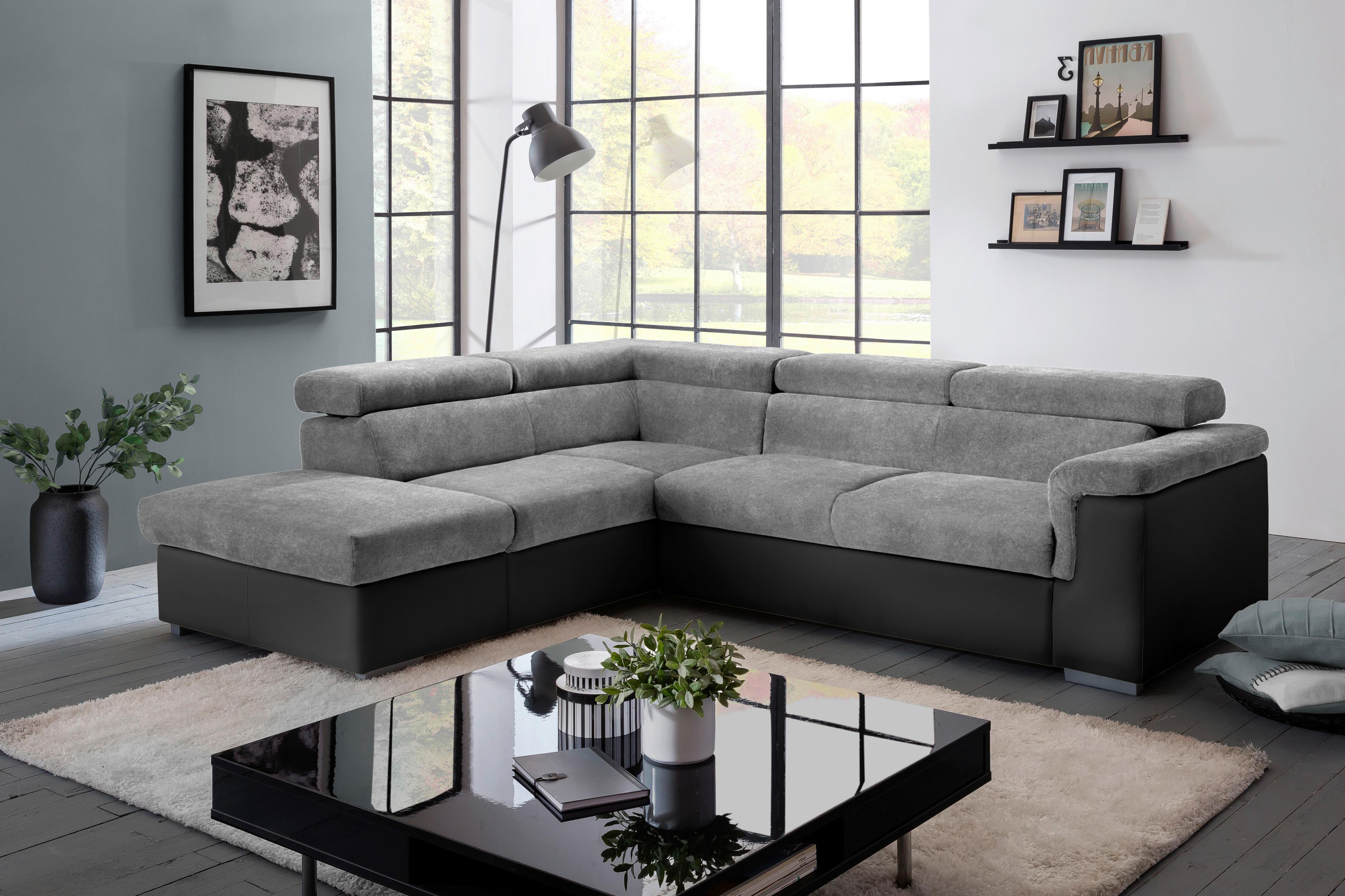 Ecksofa Mit Schlaffunktion + Bettkasten Milla, Webstoff - Schwarz/Grau, Basics, Holz/Textil (217/252cm) - MID.YOU