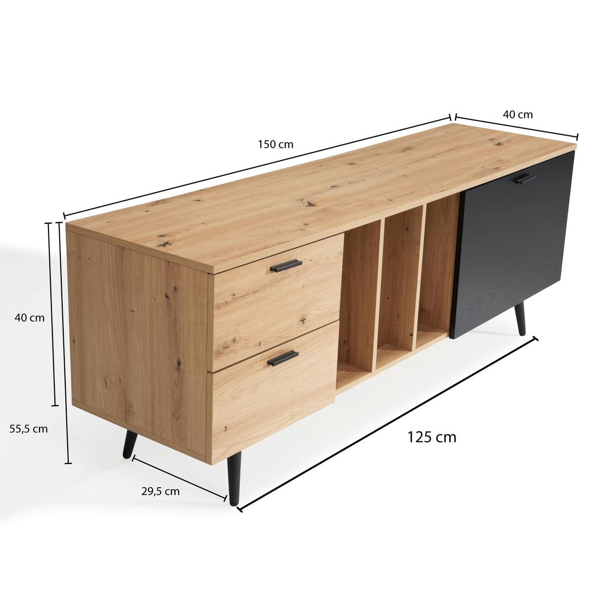 Nízka komoda černá/dekor dub - černá/barvy dubu, Design, kov/kompozitní dřevo (150/55/40cm) - Livetastic
