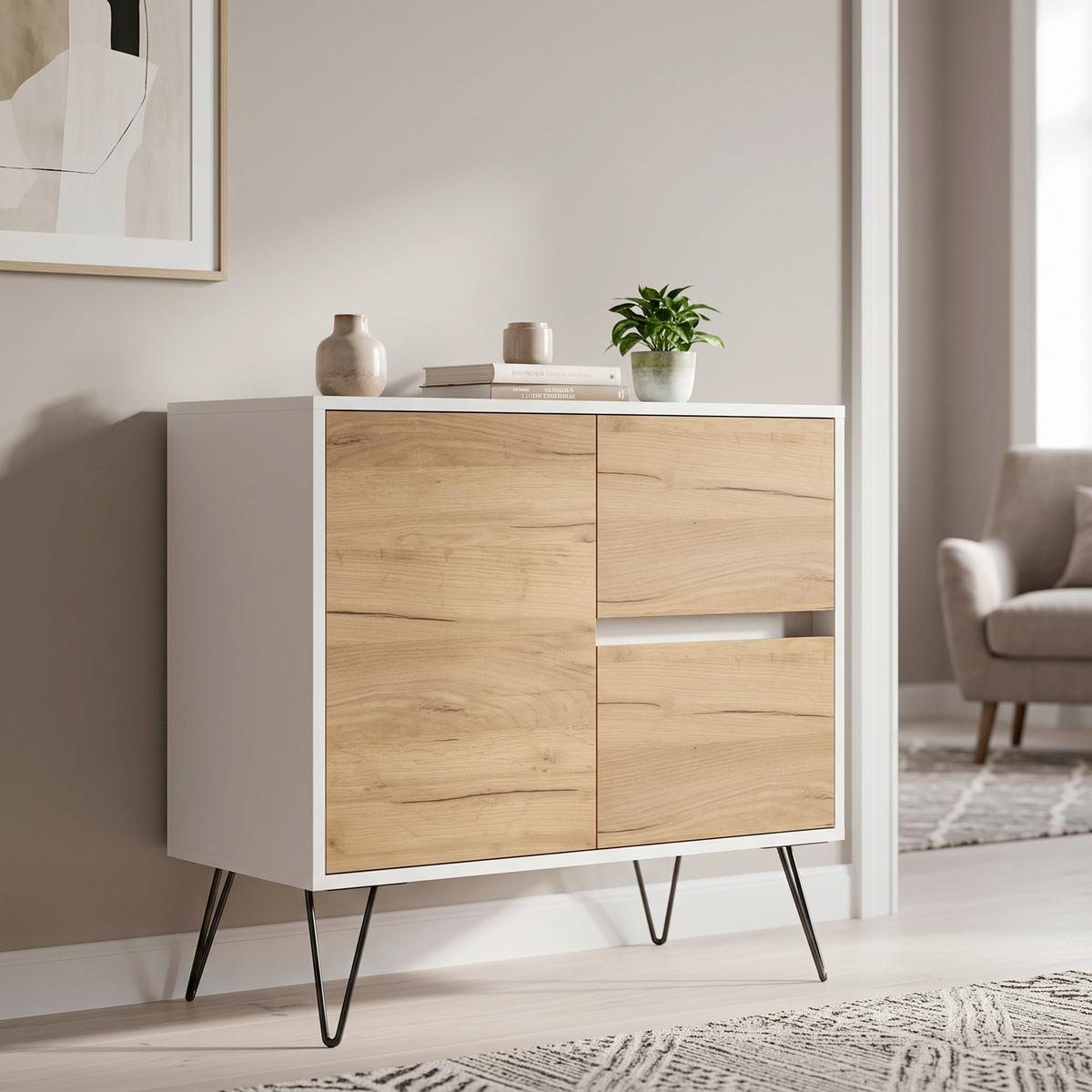 Sideboard Posseik Industrial Eichefarben/Weiß B: 79 cm - Eichefarben/Weiß Hochglanz, Design, Holzwerkstoff (79/75,8/42cm) - MID.YOU