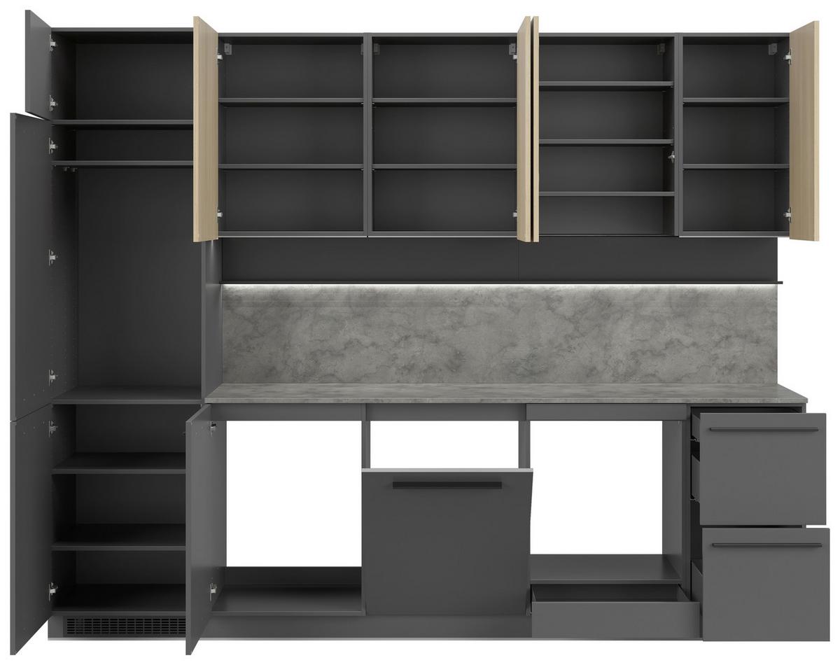 Kuchynská linka MILINO MEDIUM vrát.obkladu a LED regálu - čierna/sivá, Basics, kompozitné drevo/plast (285cm) - Visiona