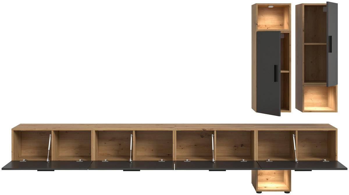Wohnwand, The One 7, B: 300 cm Grau/Artisan Eiche Dekor - Schwarz/Eiche Artisan, Trend, Holzwerkstoff (300/178/34cm)