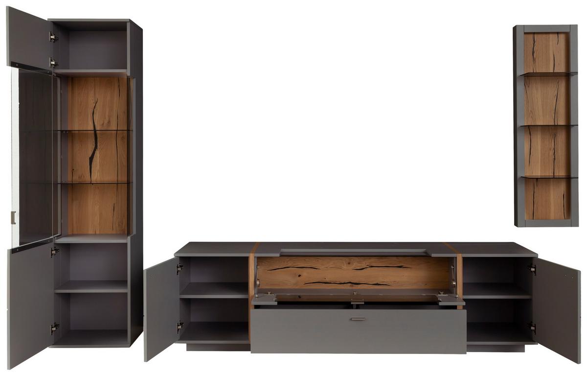 Wohnkombination teilmassiv 3--teilig. Sevilla Grau/Eiche - Eichefarben/Schwarz, Design, Glas/Holzwerkstoff (316/207/50cm) - MID.YOU