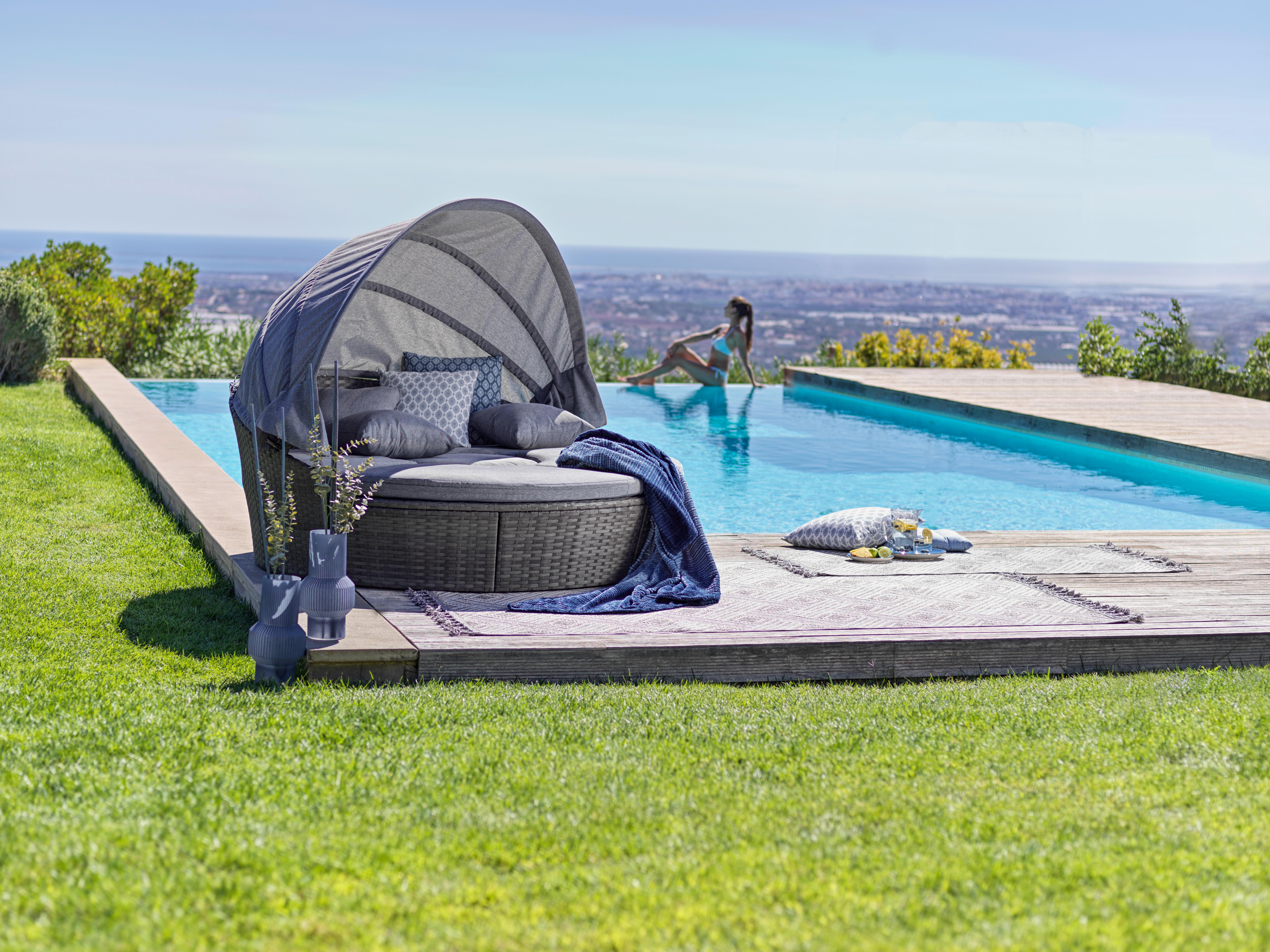 Gartenmuschel mit Dach und Kissen Costa Rica, B: 185 cm - Grau, MODERN, Kunststoff/Textil - Luca Bessoni