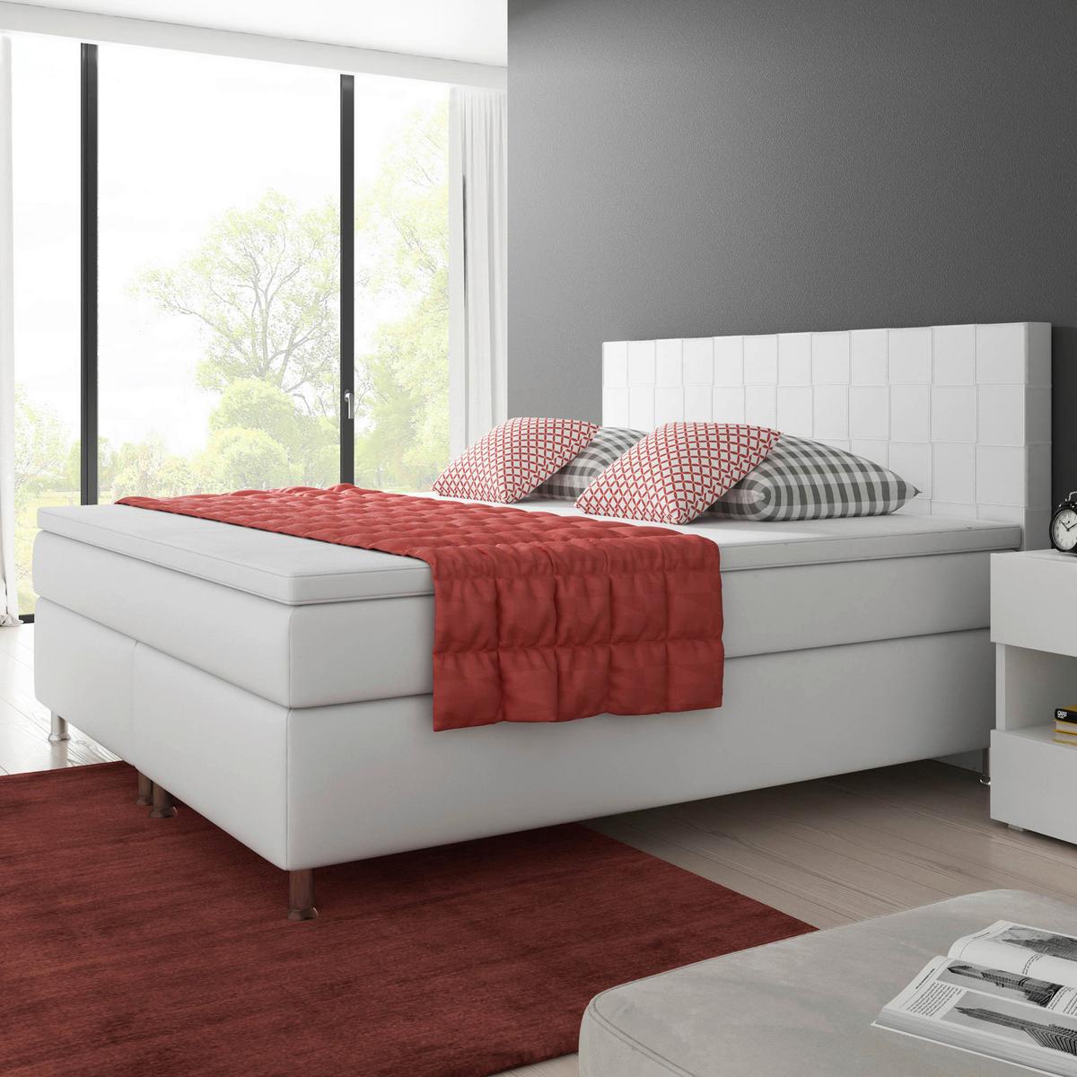 Boxspringbett mit Topper Lederlook 180x200 cm Ancona - Silberfarben/Weiß, KONVENTIONELL, Leder/Textil (180/115/210cm) - MID.YOU