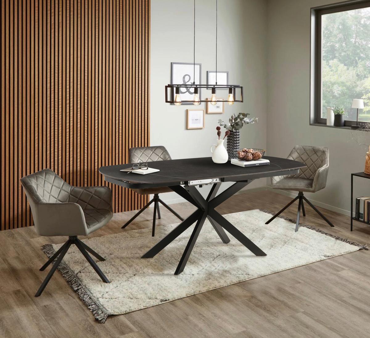 Esstisch Senna Grau/Schwarz L: 120-180 cm - Schwarz/Grau, MODERN, Stein/Metall (120-180/90/75.5-79cm) - P & B