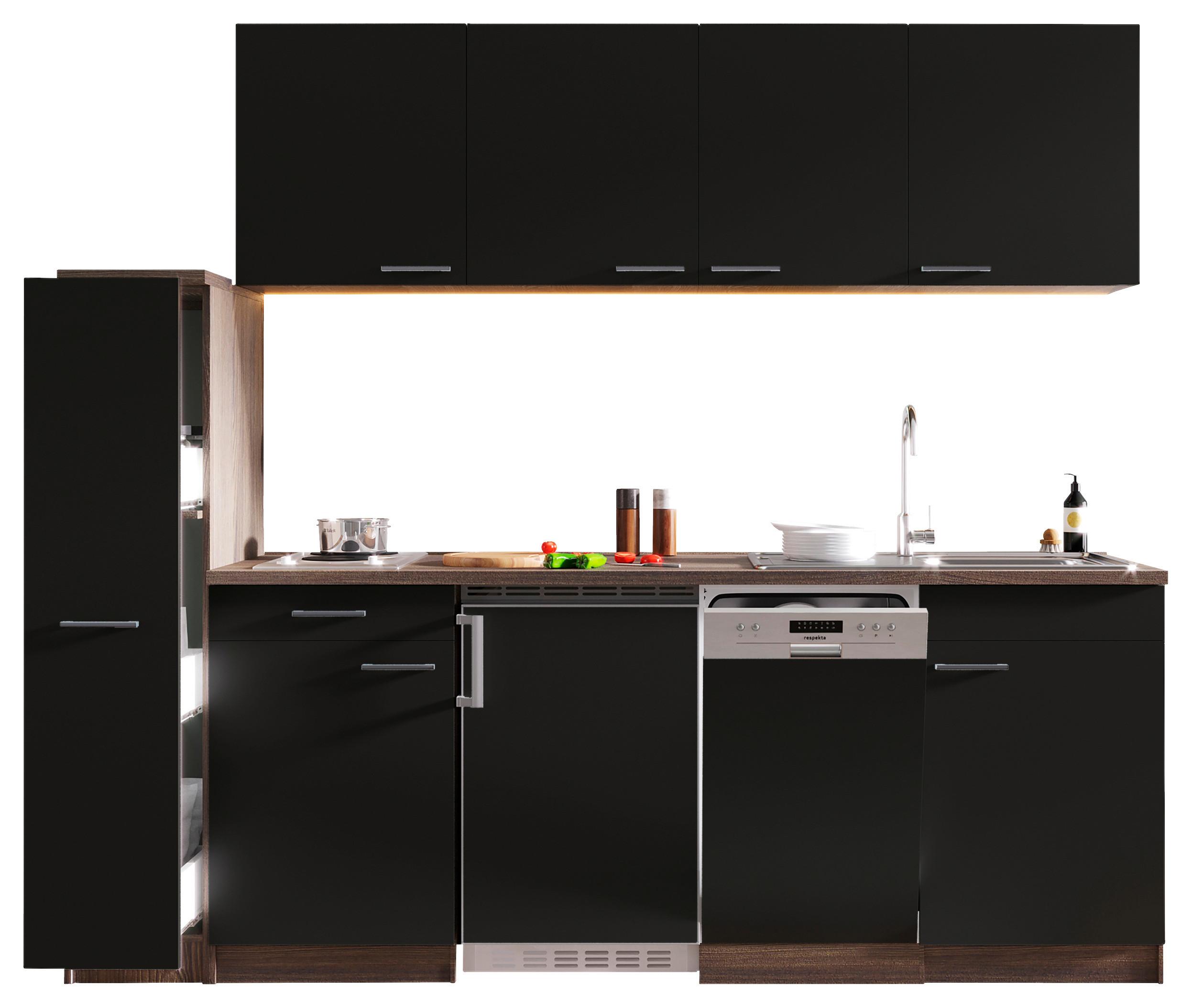KÜCHENBLOCK OLIVER SINGLEKÜCHE 225 CM - Eichefarben/Schwarz, Basics, Holzwerkstoff (225cm) - Respekta