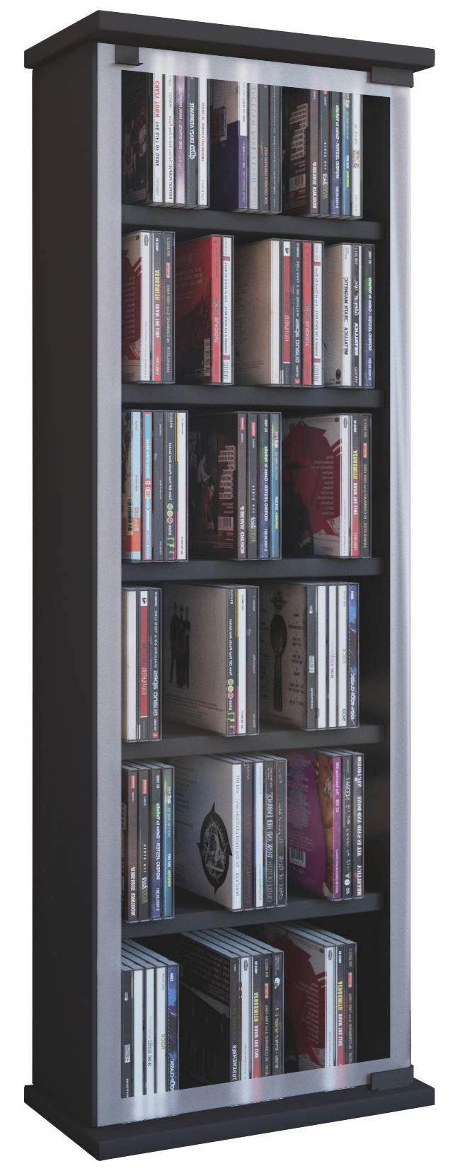 Schwarzes CD Regal mit Glastüre CD Regal mit Rollen & 12 Fächern in Eichefarben