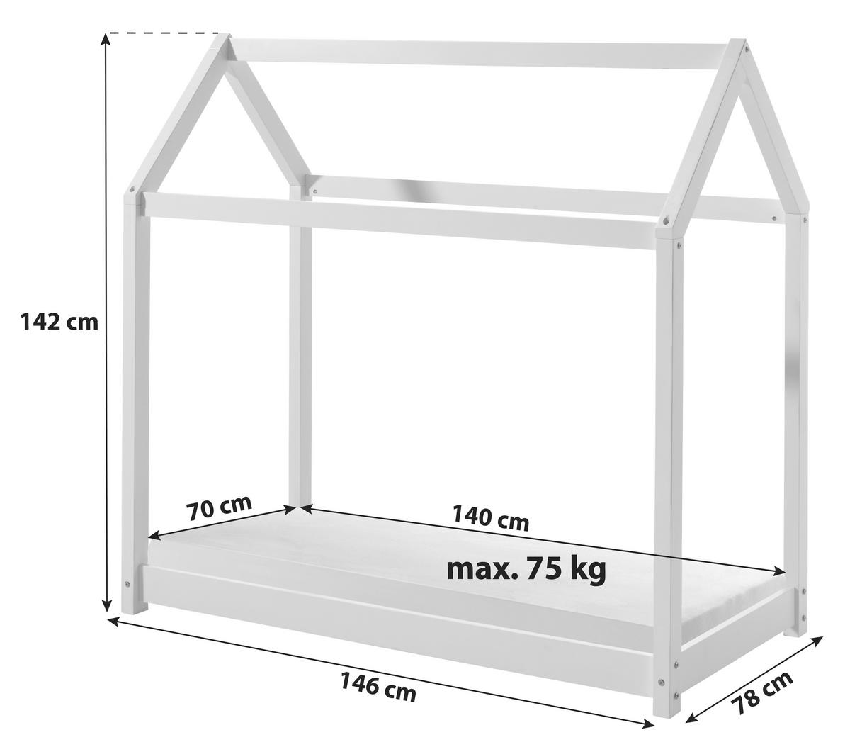 Hausbett Cabane 70x140 Cm Kiefer Echtholz Weiß - Weiß, MODERN, Holz (70/140cm) - Vipack