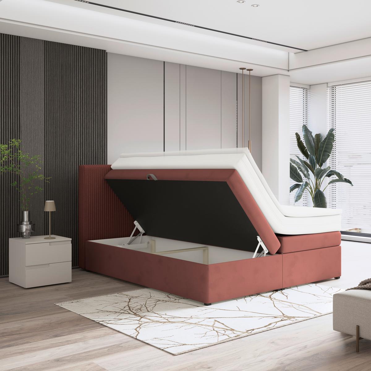 Boxspringbett Mit Topper Mit Bettkasten 180x200 Cm Rossa - Altrosa/Schwarz, MODERN, Holzwerkstoff/Textil (180/200cm)