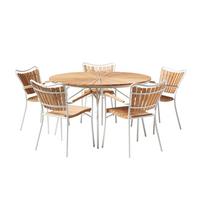 Gartentischgruppe Ellen 6tlg Metall/Holz, Natur/Weiß - Weiß Hochglanz/Teakfarben, Natur, Holz/Metall (180/180/78cm) - Gardenson