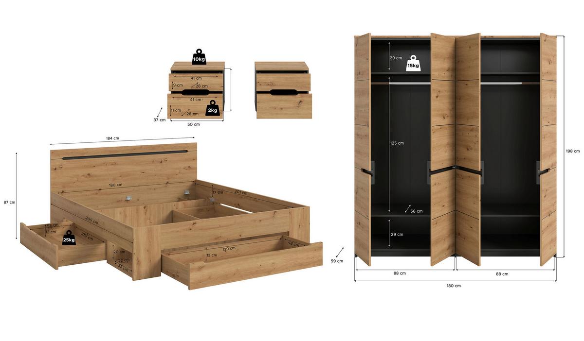 Schlafzimmer Canu Grau /Eiche Artisan Dekor 4-tlg - Eiche Artisan/Grau, MODERN, Holzwerkstoff - MID.YOU
