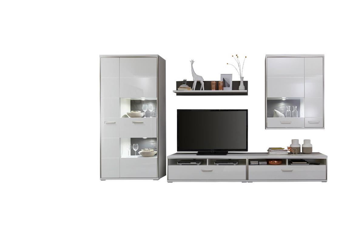 Wohnkombination 5-Tlg. Trento Grau/Silbern/Weiß - Weiß Hochglanz/Silberfarben, Design, Glas/Holzwerkstoff (351/201/52cm) - Livetastic