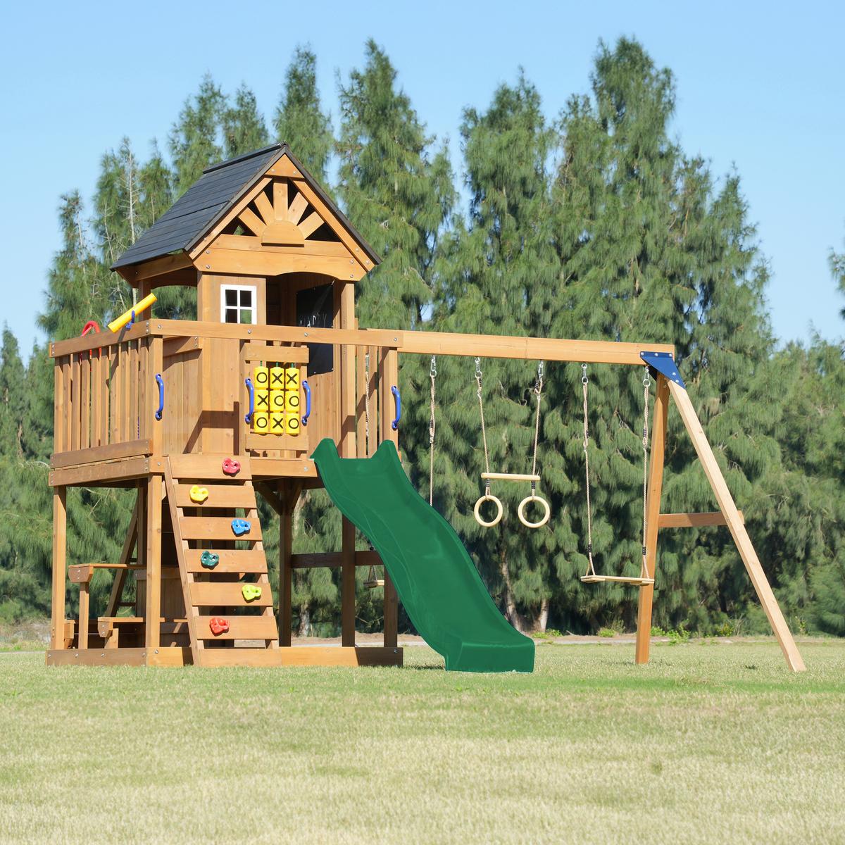 Spielturm Mit Rutsche Grün - Dunkelgrün/Anthrazit, Basics, Holz/Kunststoff (435/410/305cm) - Ambia Garden