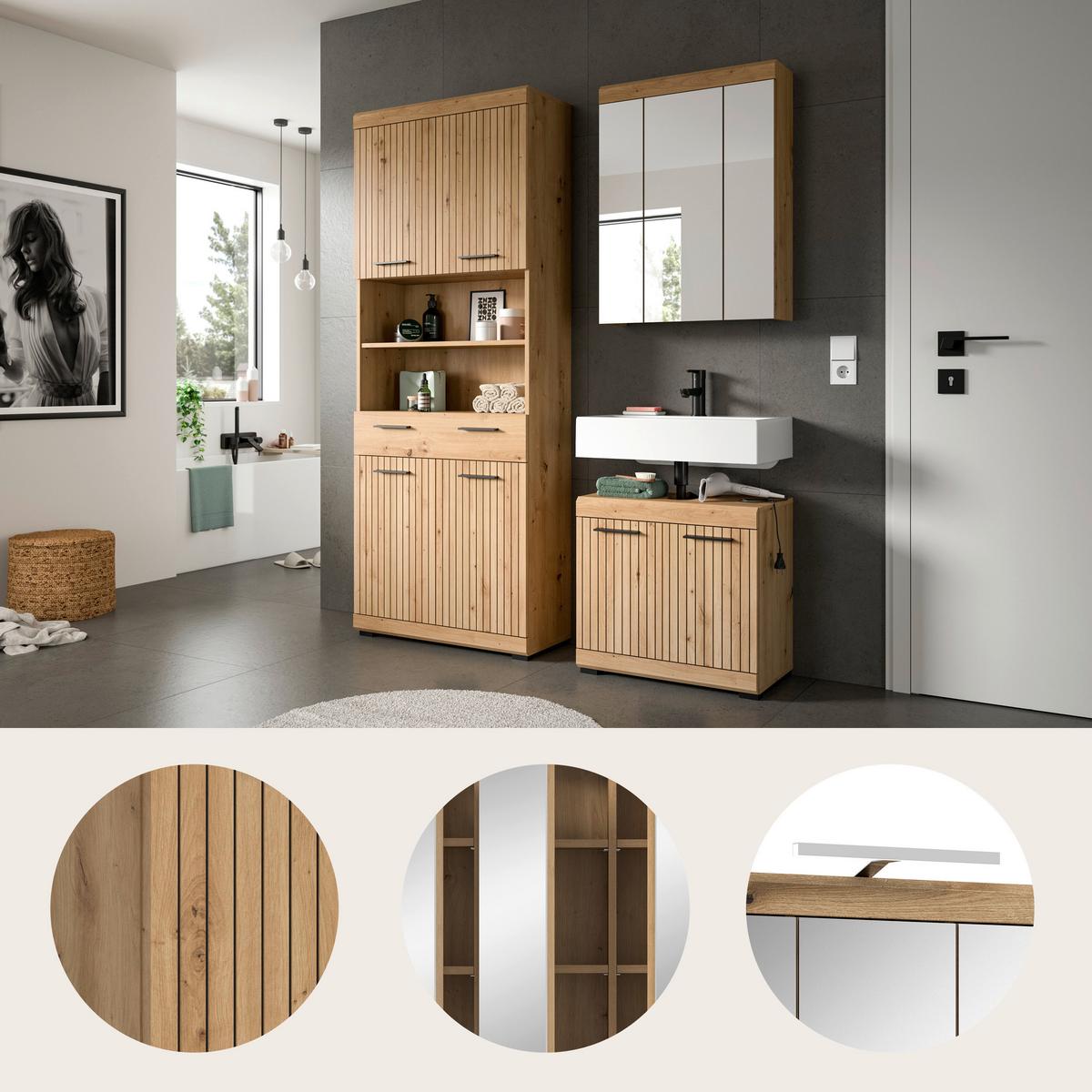 Badezimmer Scout Eiche Artisan Dekor B: 134cm - Schwarz/Eiche Artisan, Trend, Glas/Holzwerkstoff (134cm) - MID.YOU
