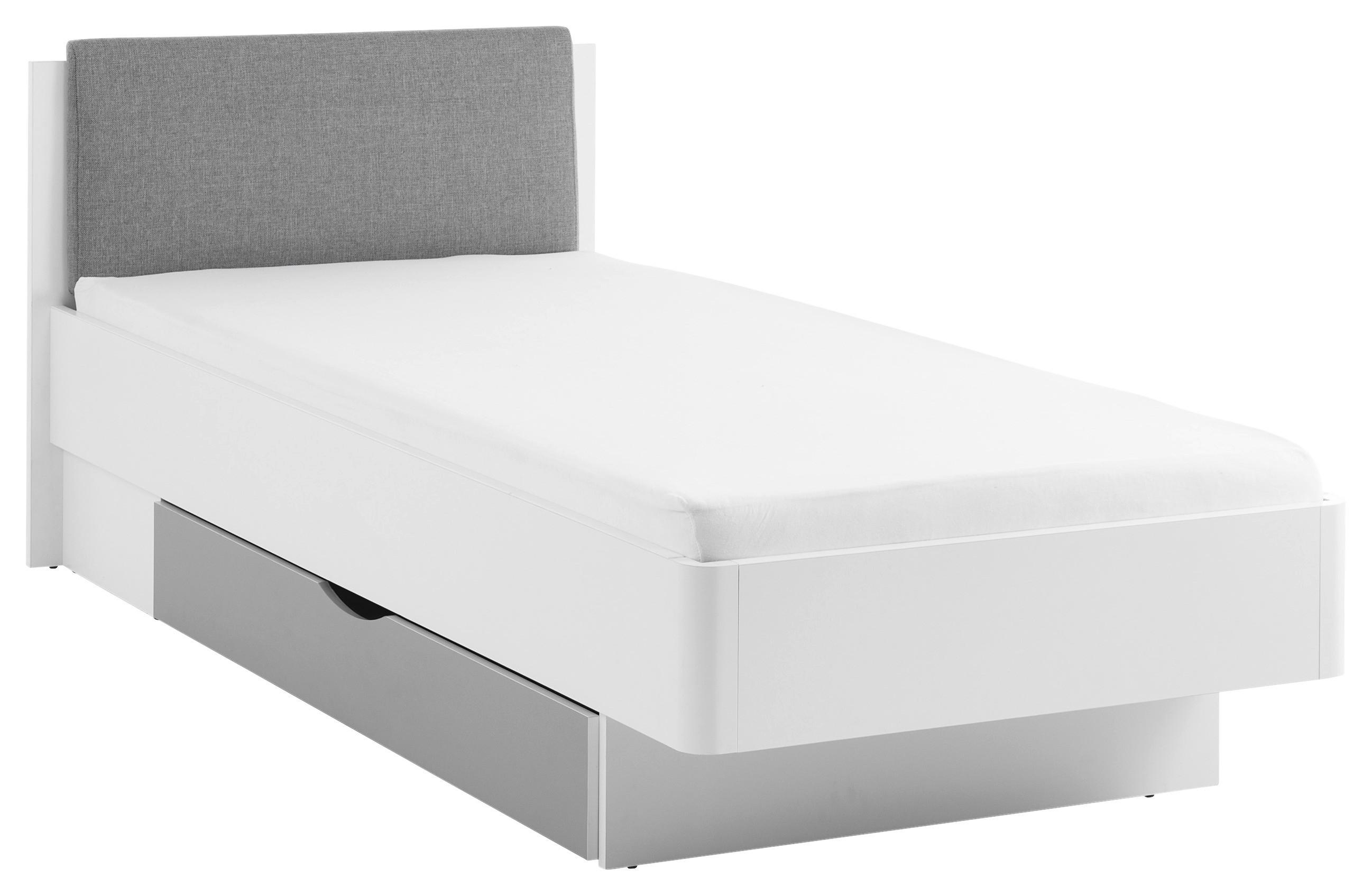 Bett mit Kopfteil Gepolstert + Lade 90x200 Yoris Weiß/Grau - Schwarz/Weiß, Design, Holzwerkstoff/Textil (90/200cm) - MID.YOU