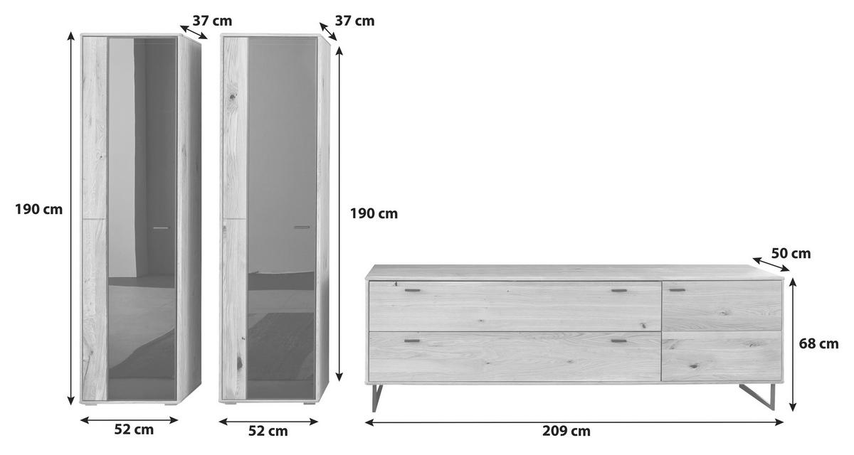 Wohnwand Arezzo Wildeiche B: 333 cm - Wildeiche/Anthrazit, Design, Glas/Holz (333/190/50cm) - MID.YOU