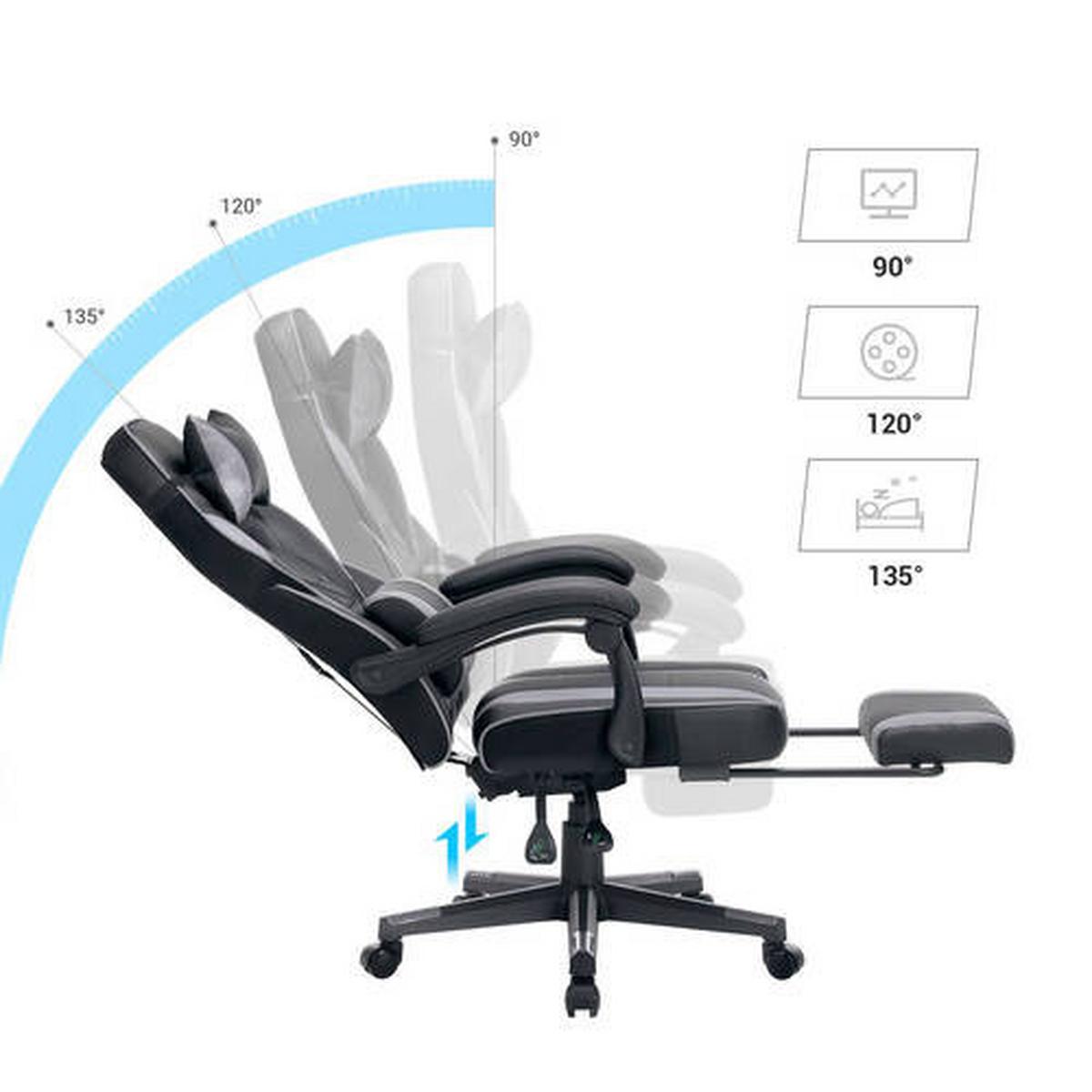 Gaming Stuhl Mit Liegefunktion Inkl. Kopf-, Nackenstütze - Schwarz/Grau, Basics, Leder/Kunststoff (67/116/66cm) - Boxxx