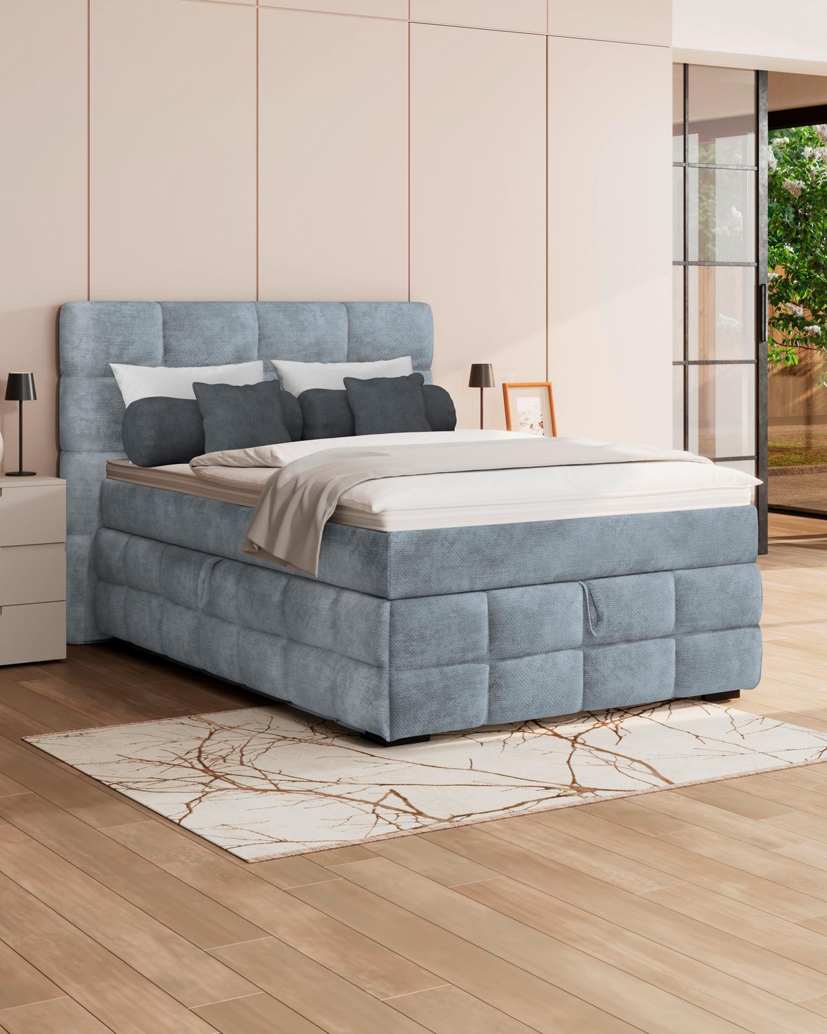 Čalouněná postel VEGA 140x200 cm, světle modrá - černá/zelená, Trend, dřevo/textil (140/200cm)