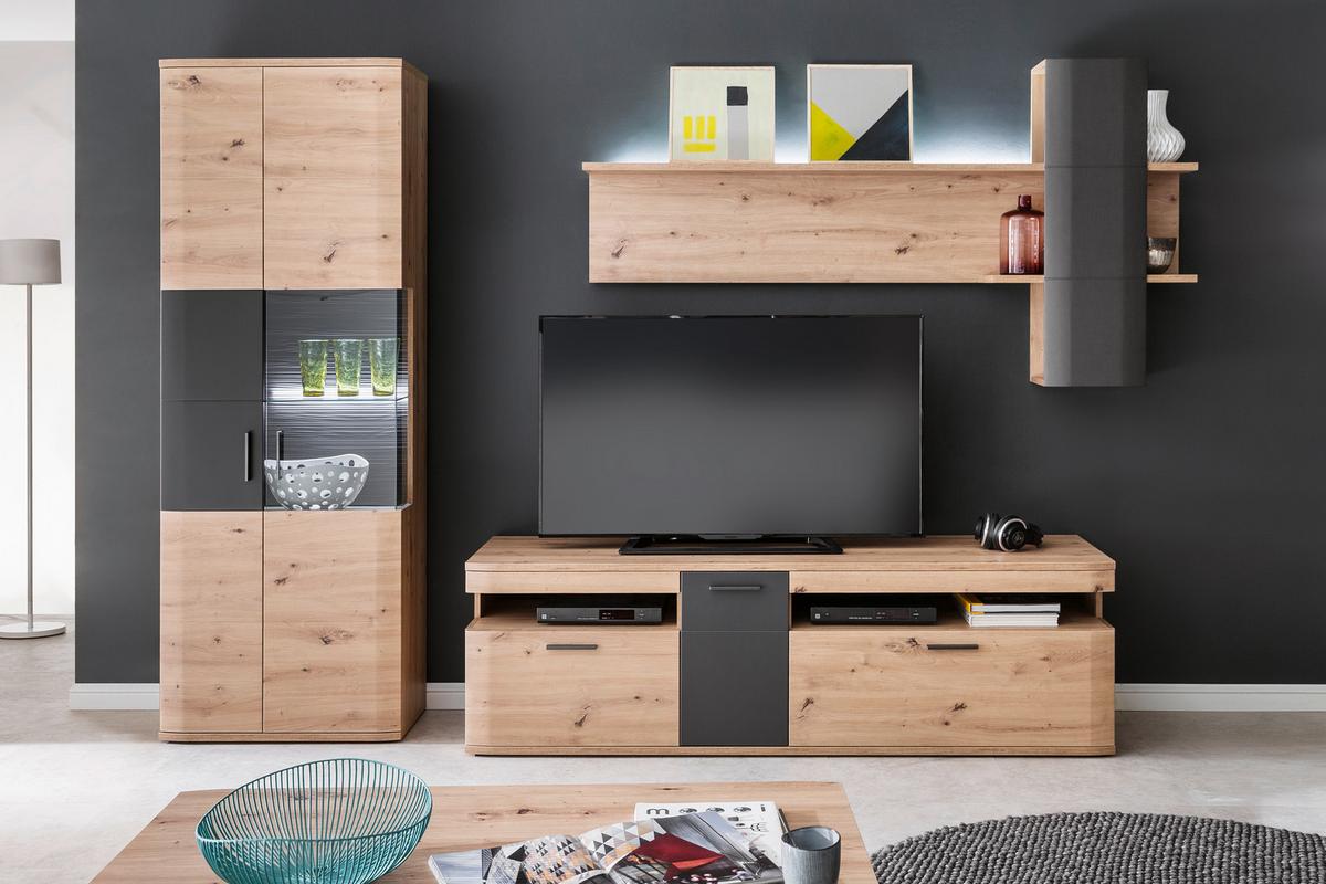 Wohnkombination 3-Tlg. Cortona Anthrazit/Eichefarben - Klar/Eichefarben, Design, Glas/Holzwerkstoff (290/198/50cm) - Livetastic