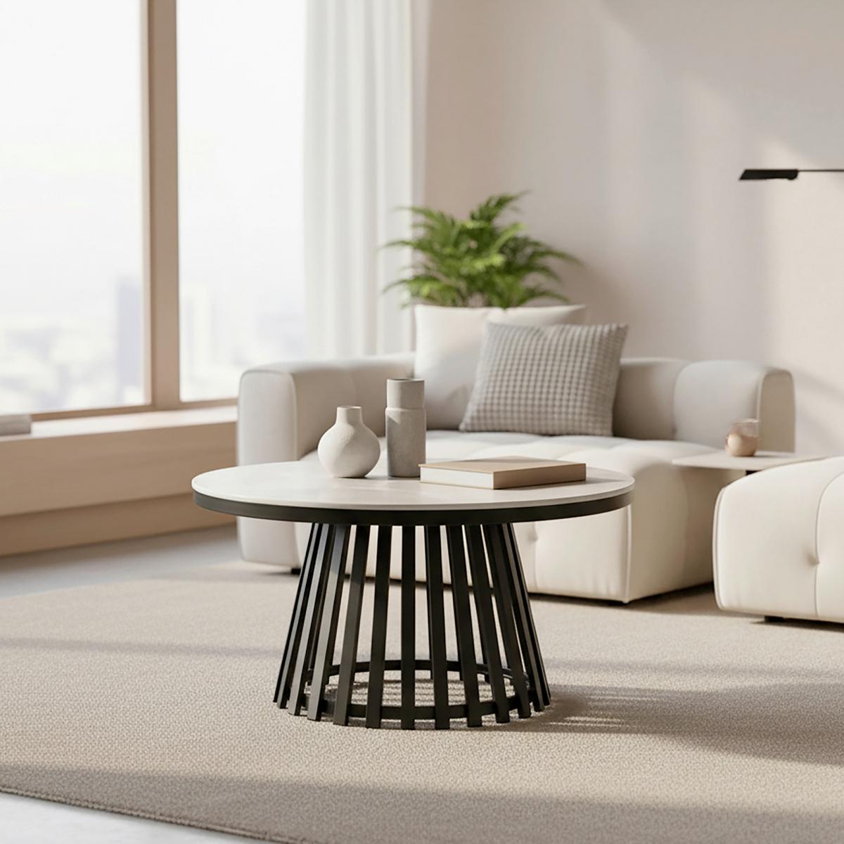 Konferenční stolek Pela, vzhled kamene - šedá/černá, Moderní, kov/kompozitní dřevo (90/45cm) - Bessagi Home