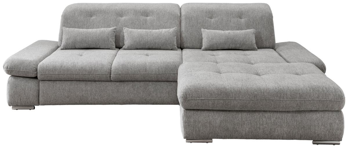 Silberfarbenes Ecksofa mit Nierenkissen, Armlehnen und verstellbaren Kopfteilen