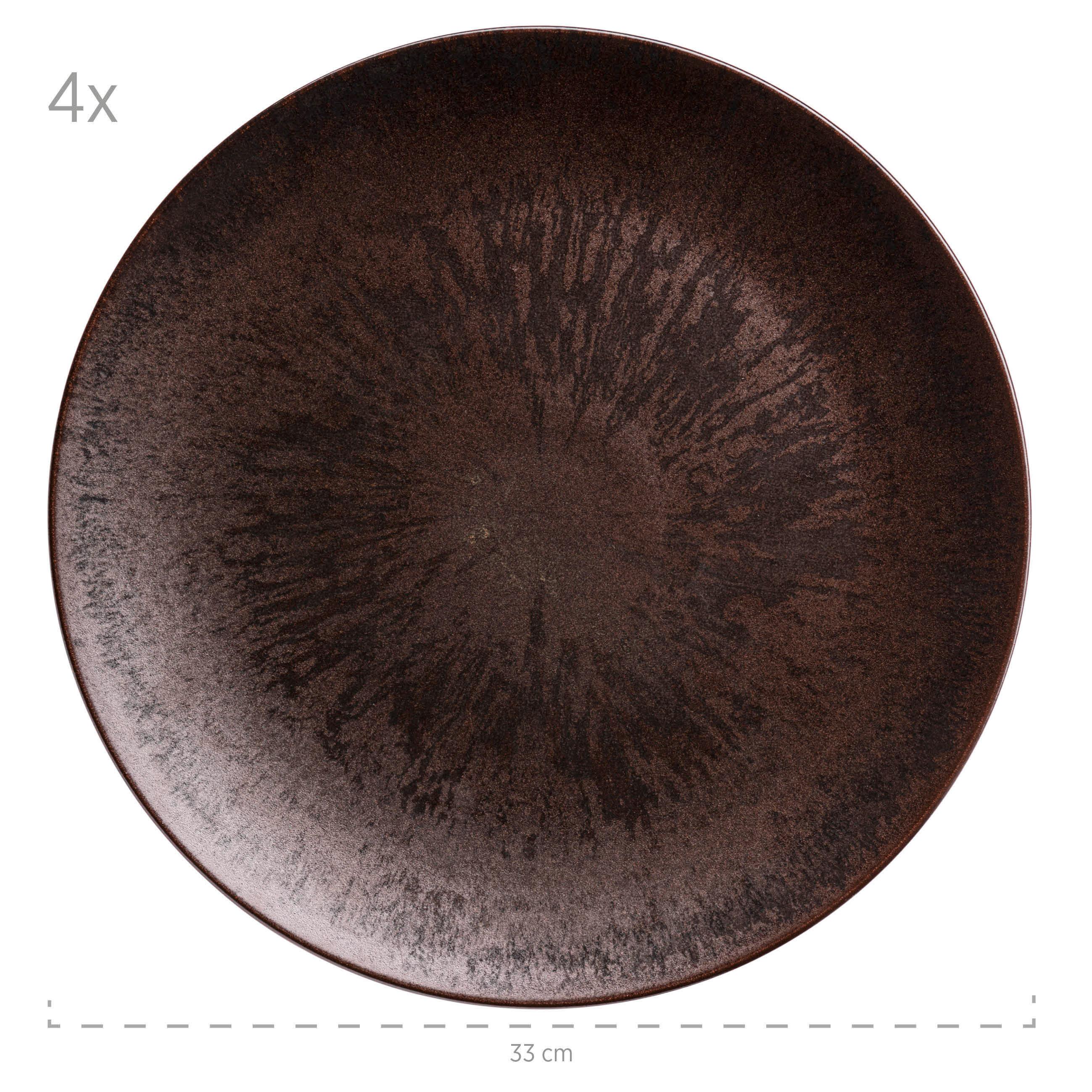 Tellerset Metallic Bronze 4--teilig. Rund D: 33 cm - Dunkelbraun, Basics, Keramik - Mäser