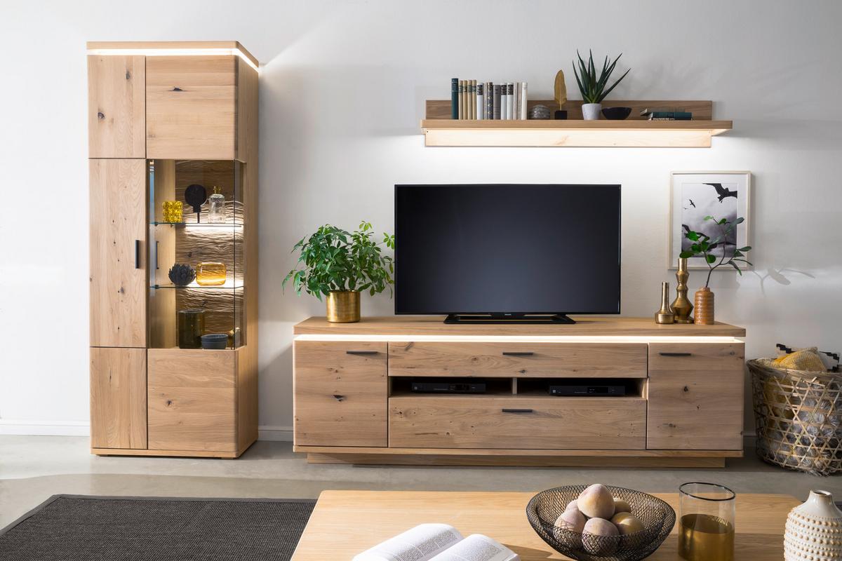 Wohnkombination teilmassiv 3--teilig. Barcelona Eichefarben - Eichefarben, Design, Glas/Holz (300/204/50cm) - Livetastic