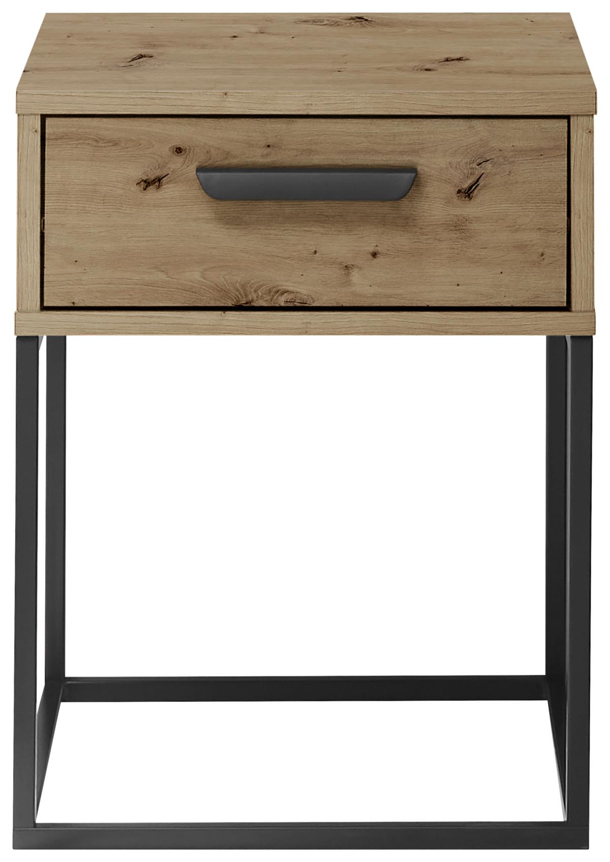 Nočný stolík SUNA 1 zásuvka dekor dub Artisan - čierna/dub artisan, Modern, kov/kompozitné drevo (40/52/38,5cm)