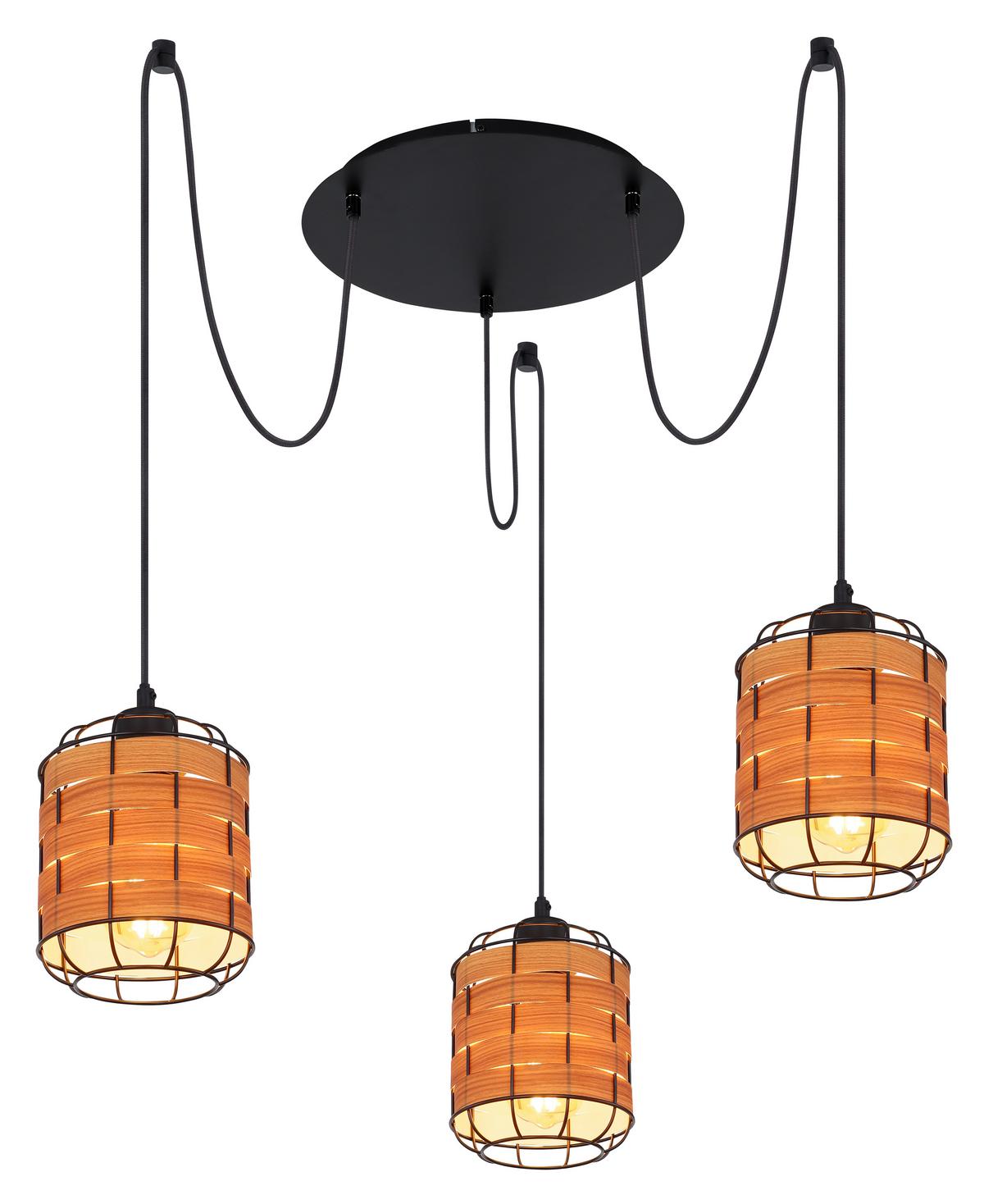 Hängeleuchte H: 200 cm 3-Flammig - Schwarz/Braun, KONVENTIONELL, Kunststoff/Metall (38,5/200cm) - Globo