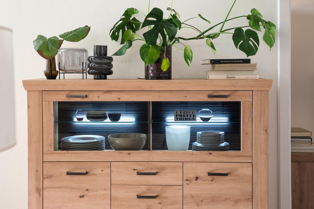 Highboard B: 164 cm Meran Eichefarben - Eichefarben/Anthrazit, Design, Glas/Holzwerkstoff (164/146/45cm) - Livetastic