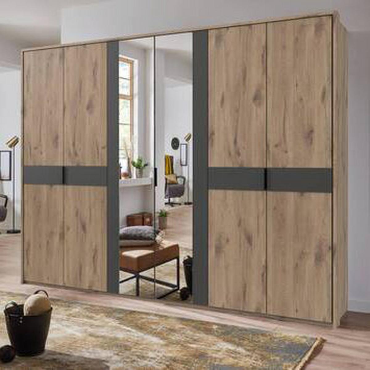 Skříň s otočnými dveřmi BERGAMO, š. 270 cm - barvy dubu/černá, Konvenční, kompozitní dřevo/plast (270/208/58cm) - Based