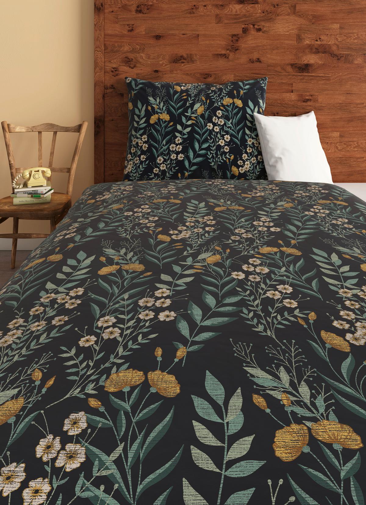 Satin Bettwäsche 140x200 cm Olivia Dunkelblau Blumen - Dunkelblau, ROMANTIK / LANDHAUS, Textil (140/200cm) - James Wood