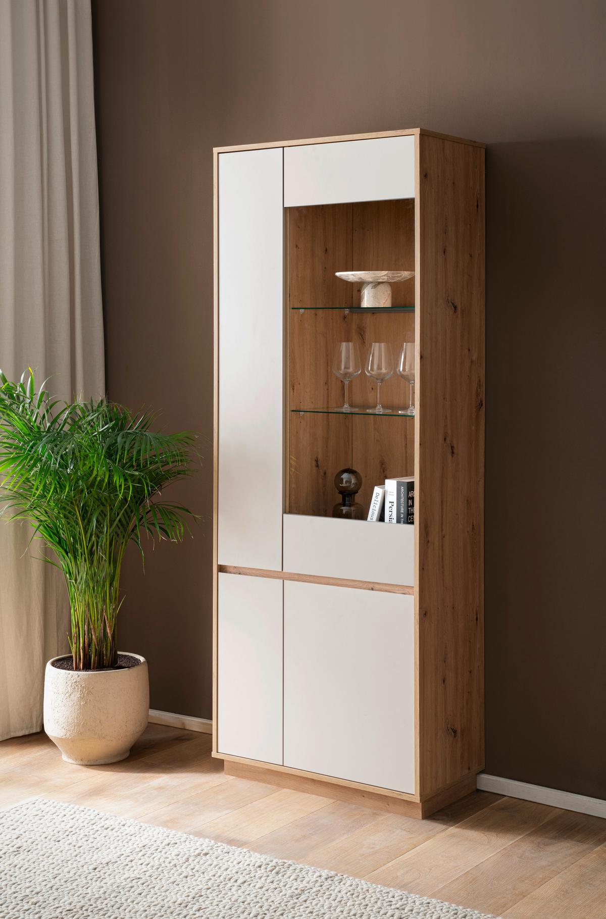 Vitrine Sonora Kaschmir/Eiche B: 75cm - Kaschmir/Eiche Artisan, Design, Glas/Holzwerkstoff (75/205/40cm) - MID.YOU