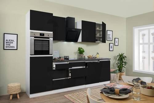 Küchenzeile Premium mit Geräten 280 cm Weiß/Schwarz Hochglanz
