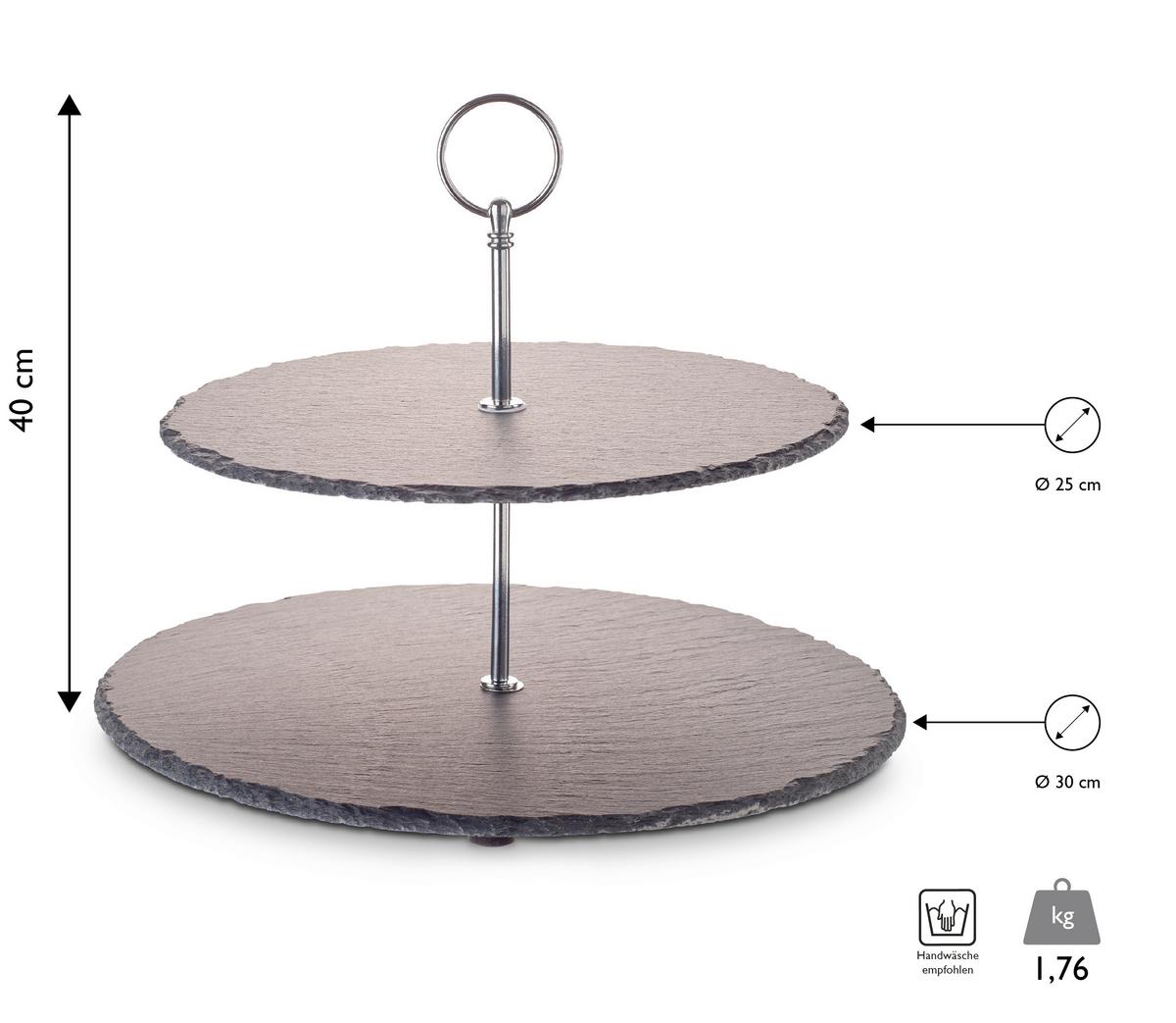Etagere Rund Metall/Naturstein D: 30/25 cm 2-Stöckig - Silberfarben, Basics, Stein/Metall (30/25/40cm) - Echtwerk