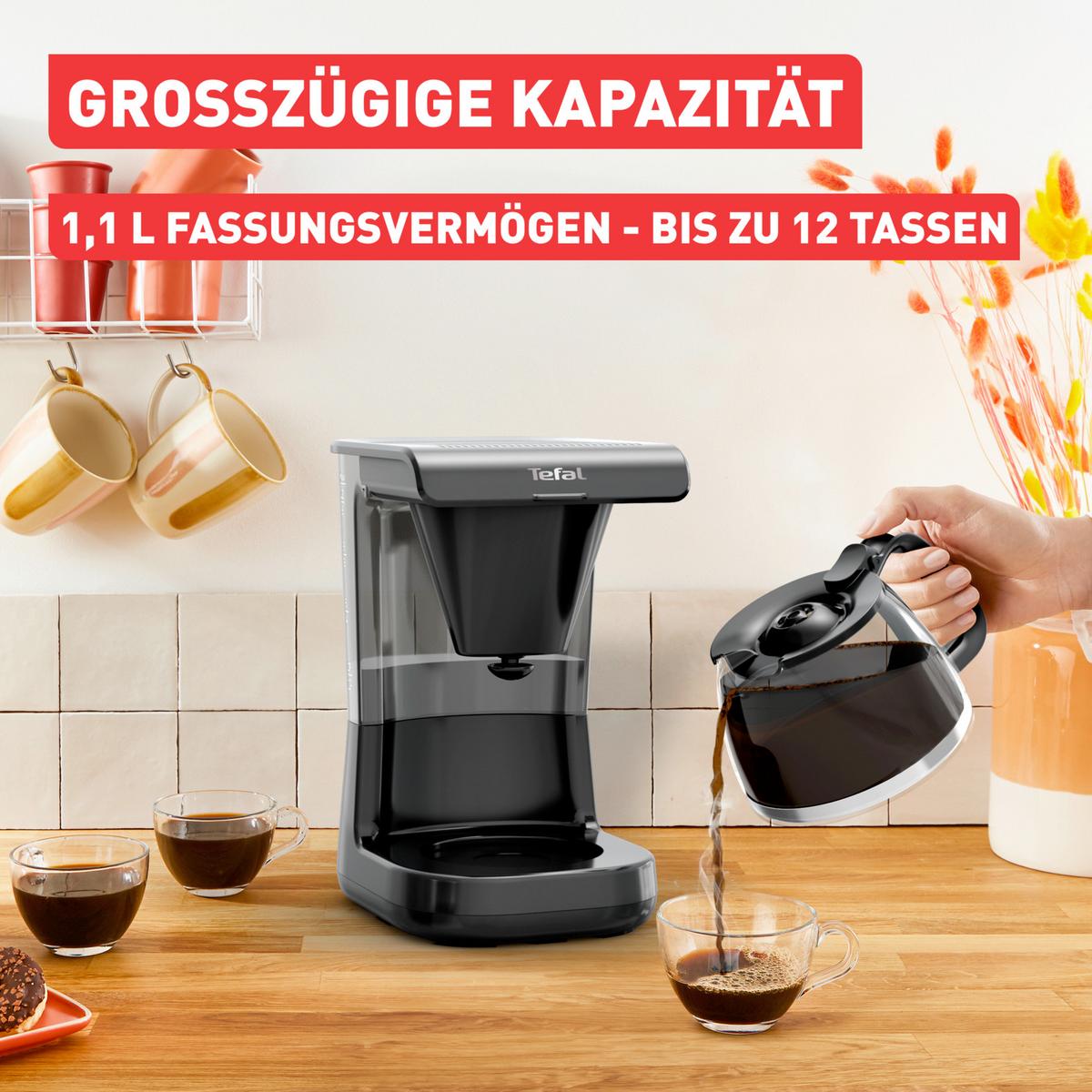 Filterkaffeemaschine Schwarz, 1000w, 12 Tassen - Transparent/Schwarz, Basics, Glas/Kunststoff (1,1l) - Tefal