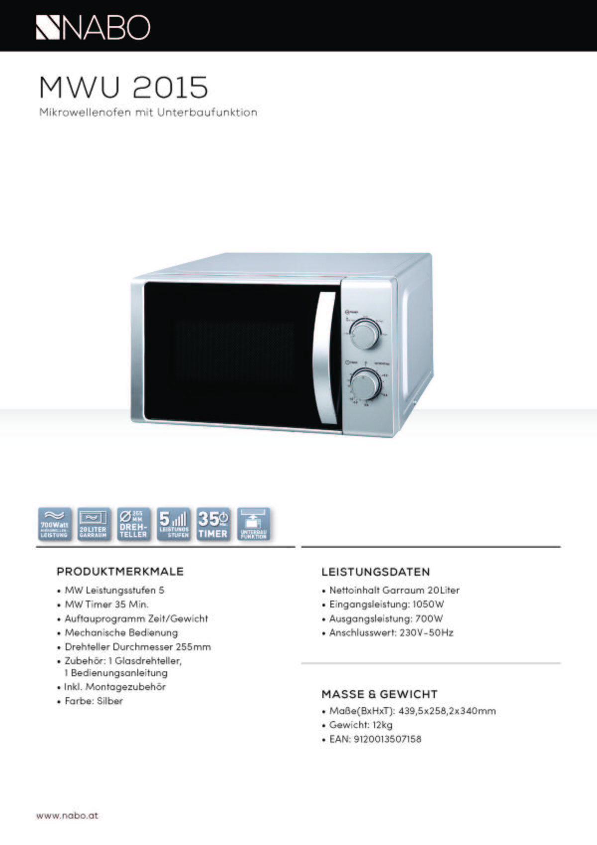 Mikrowelle Nabo Mwu Silber- Farben 700 W, Auftaufunktion - Silberfarben, KONVENTIONELL (44/26/35cm) - Nabo