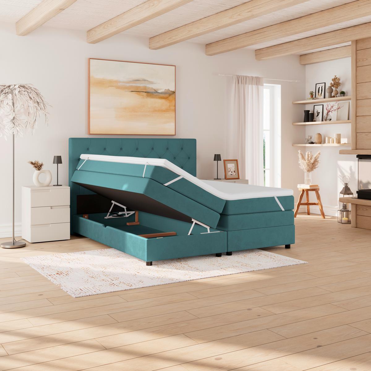 Boxspringbett Elio Petrol 160x200 Cm H4 - Petrol/Schwarz, ROMANTIK / LANDHAUS, Textil (164/121/212cm) - James Wood