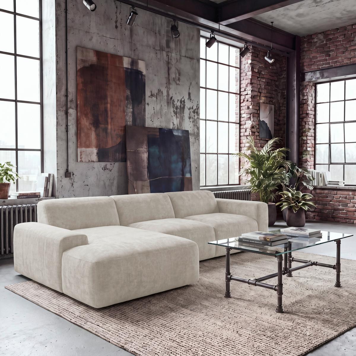ECKSOFA Hannah Creme170x343 cm - Creme/Schwarz, Design, Textil (170/343cm) - MID.YOU