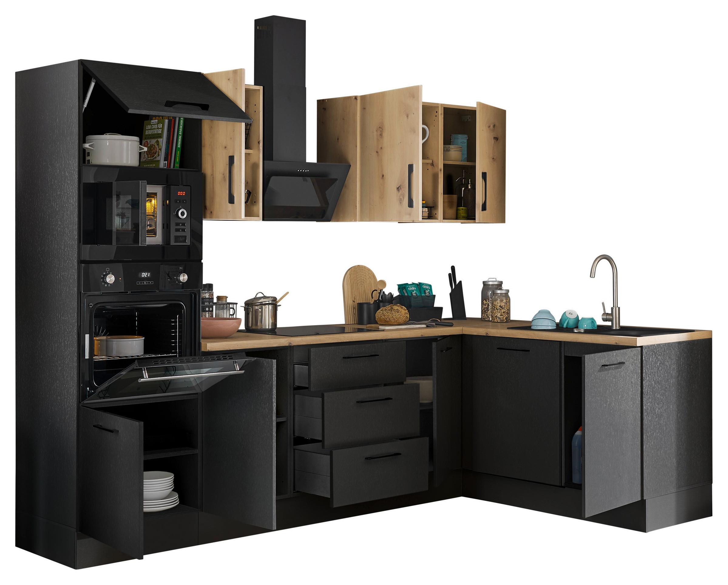 Eckküche Turin Schwarz/Eiche Dekor 280x175 cm - Schwarz/Eiche Artisan, Basics, Holzwerkstoff (280/175cm) - MID.YOU