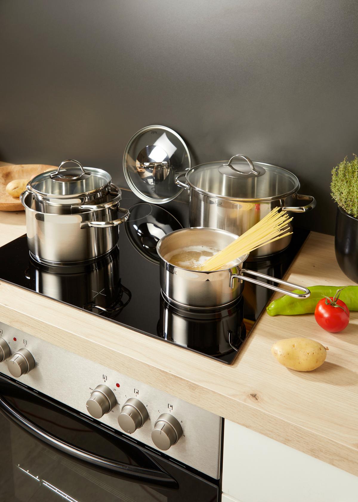 Kochtopfset Achat, 4-Teilig, Edelstahl, inkl. 3 Deckeln - Edelstahlfarben, KONVENTIONELL, Glas/Metall - Silit