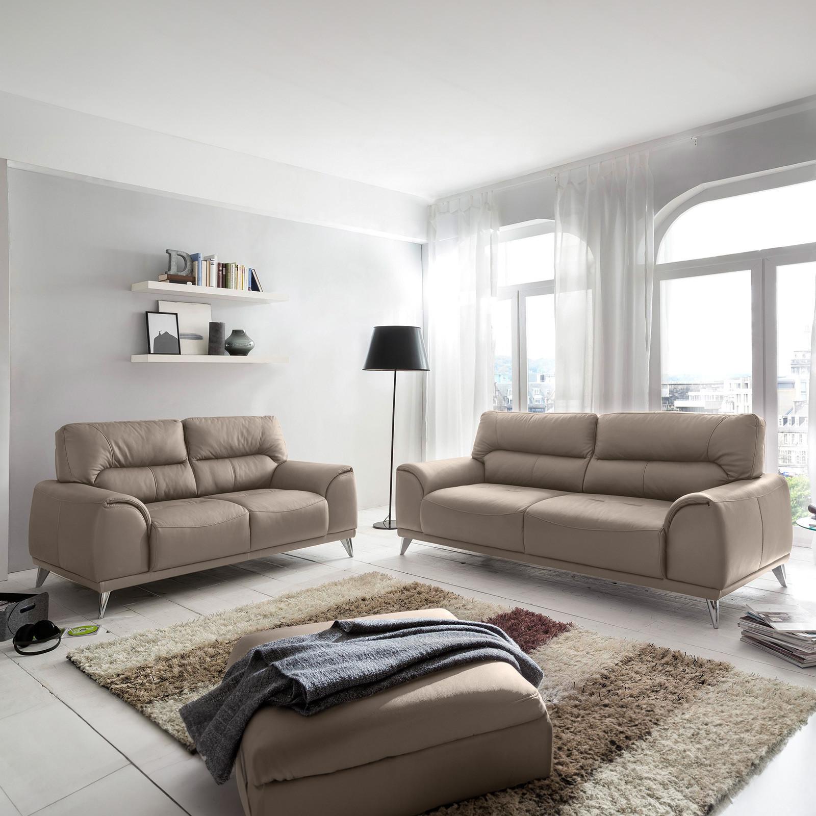 Dreisitzer-Sofa Frisco, Lederlook - Sandfarben/Chromfarben, MODERN, Textil (210/92/96cm) - MID.YOU