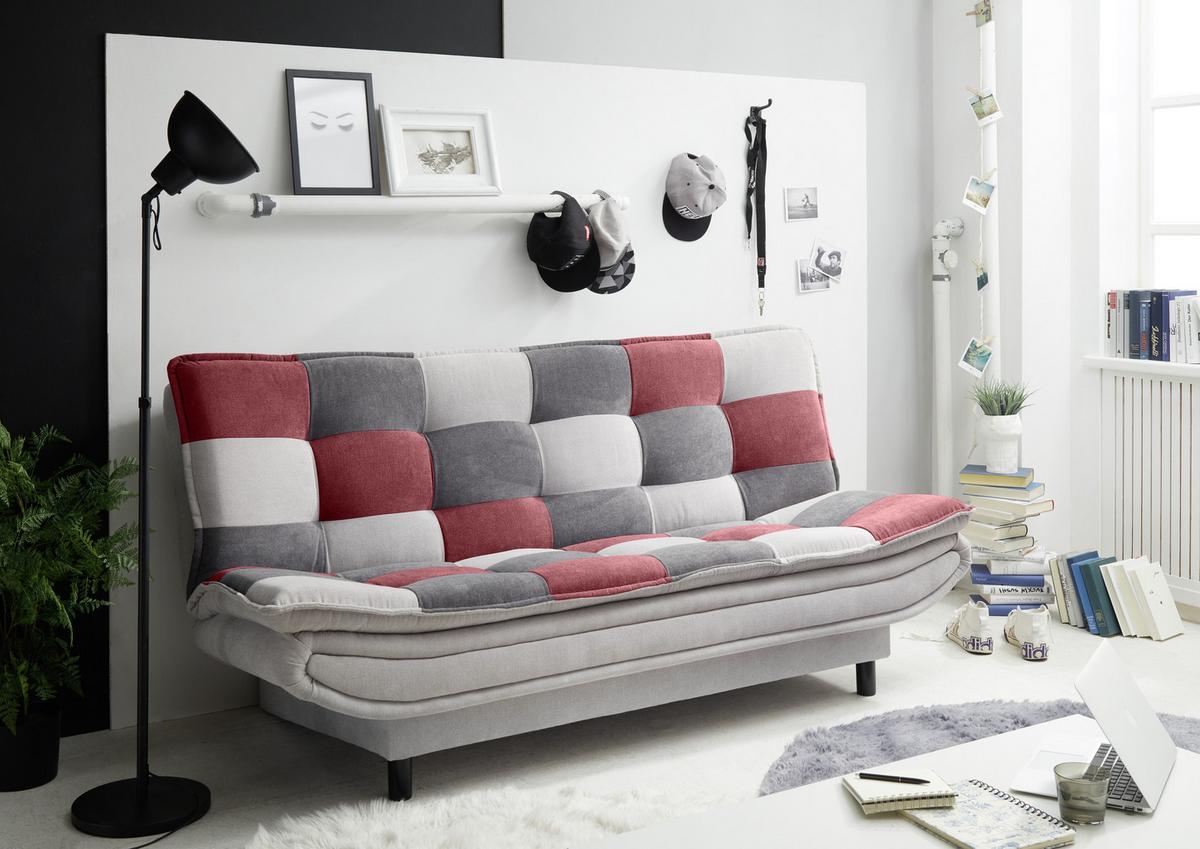 2-sitzer-sofa Mit Schlaffunkt. Und Bettkasten Patch Grau/beere - Beere/Dunkelgrau, Basics, Holzwerkstoff/Textil (188/90/89cm) - MID.YOU