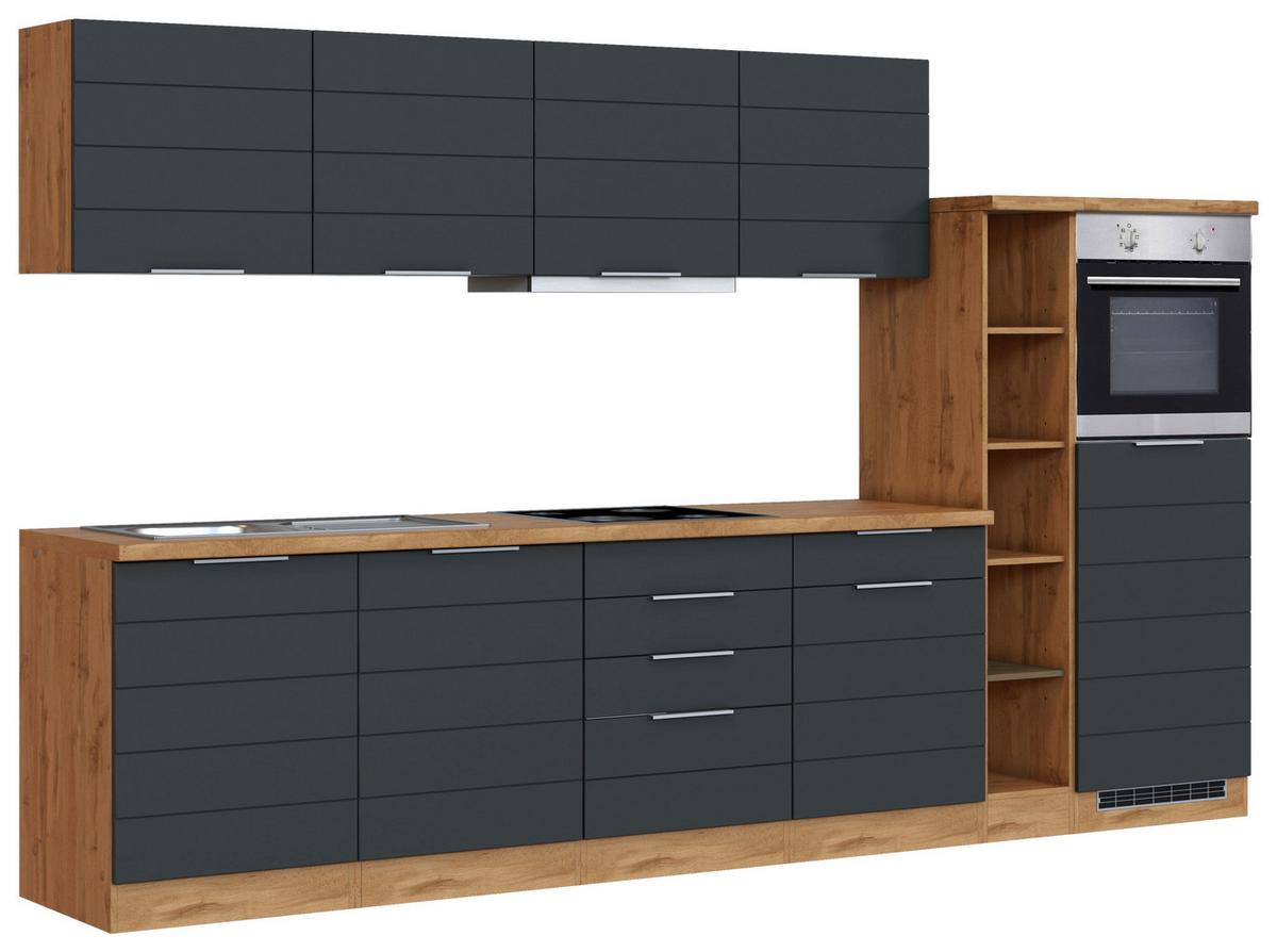 Küchenzeile Florenz mit Geräte B: 330 cm Grau/Eiche Dekor - Eiche Wotan/Grau, Design, Holzwerkstoff (330cm) - Held