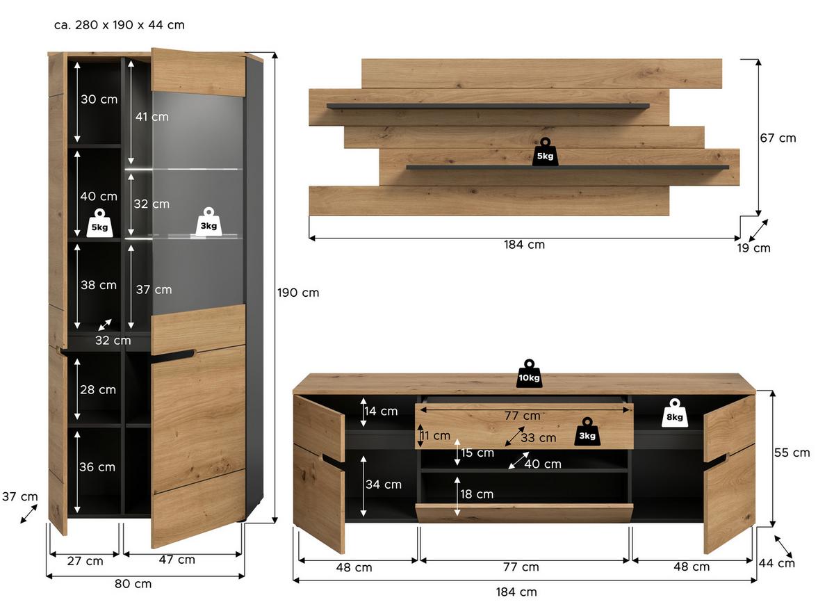 Wohnwand Canu Eiche Artisan Dekor B: 280cm - Schwarz/Eiche Artisan, Design, Holzwerkstoff (280/190/44cm) - Livetastic