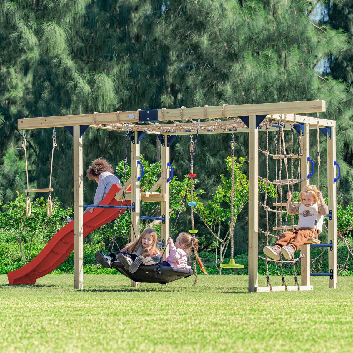 Klettergerüst mit Rutsche Rot - Blau/Rot, Basics, Holz/Kunststoff (522,5/196,2/205cm) - Ambia Garden