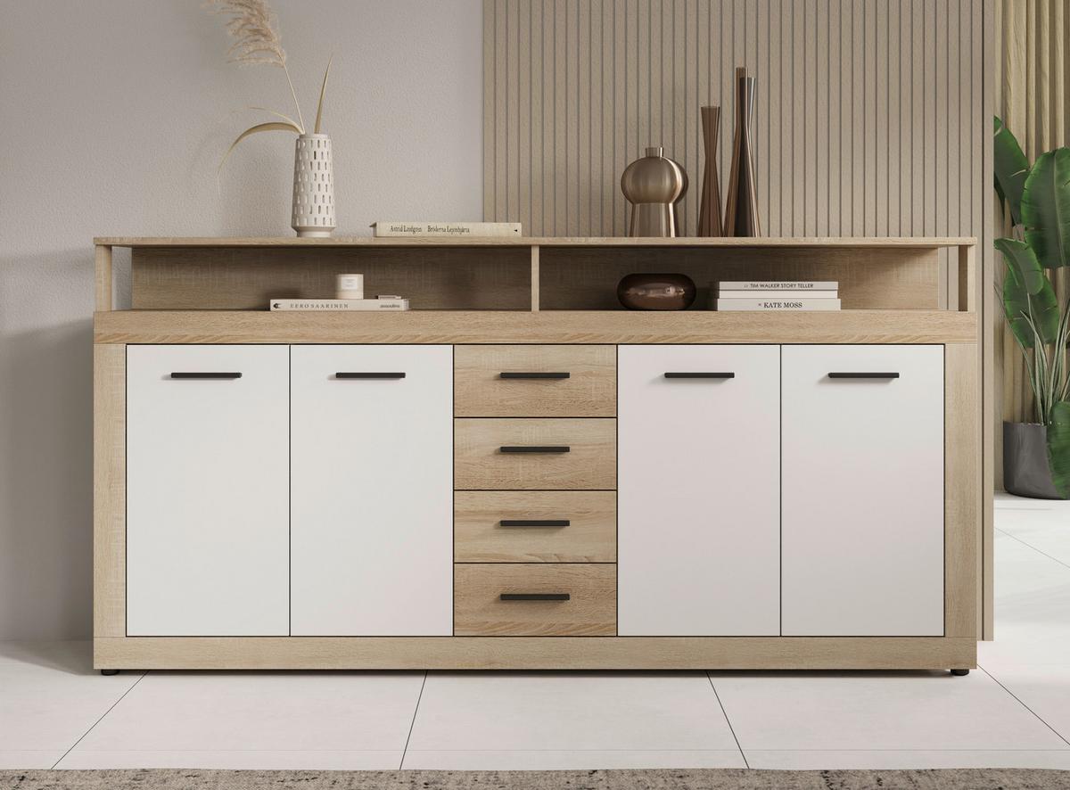 Sideboard Lupo Eiche Dekor Weiß B: 190 cm - Weiß/Sonoma Eiche, Design, Holzwerkstoff (190/96/32cm) - MID.YOU