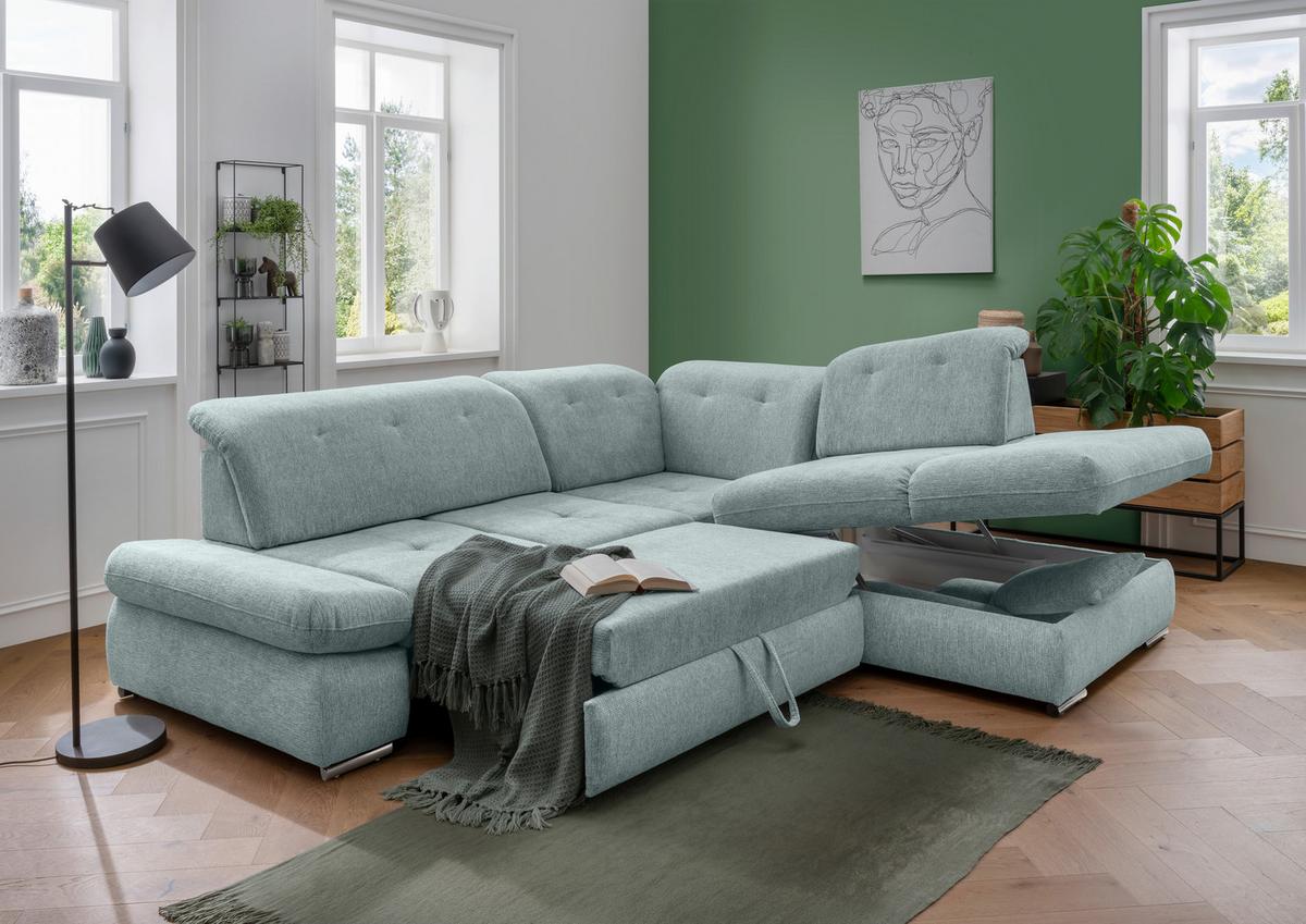 Ecksofa Dalida Mintgrün S: 280x254 Cm - Chromfarben/Mintgrün, Design, Textil (280/254cm) - Livetastic