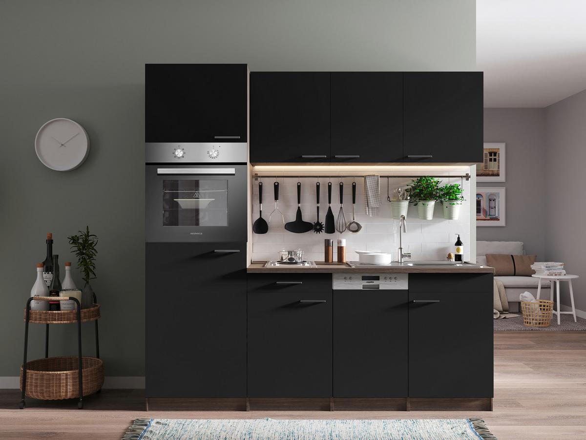 Küchenblock Oliver Singleküche 205 Cm - Eichefarben/Schwarz, Basics, Holzwerkstoff (205cm) - Respekta