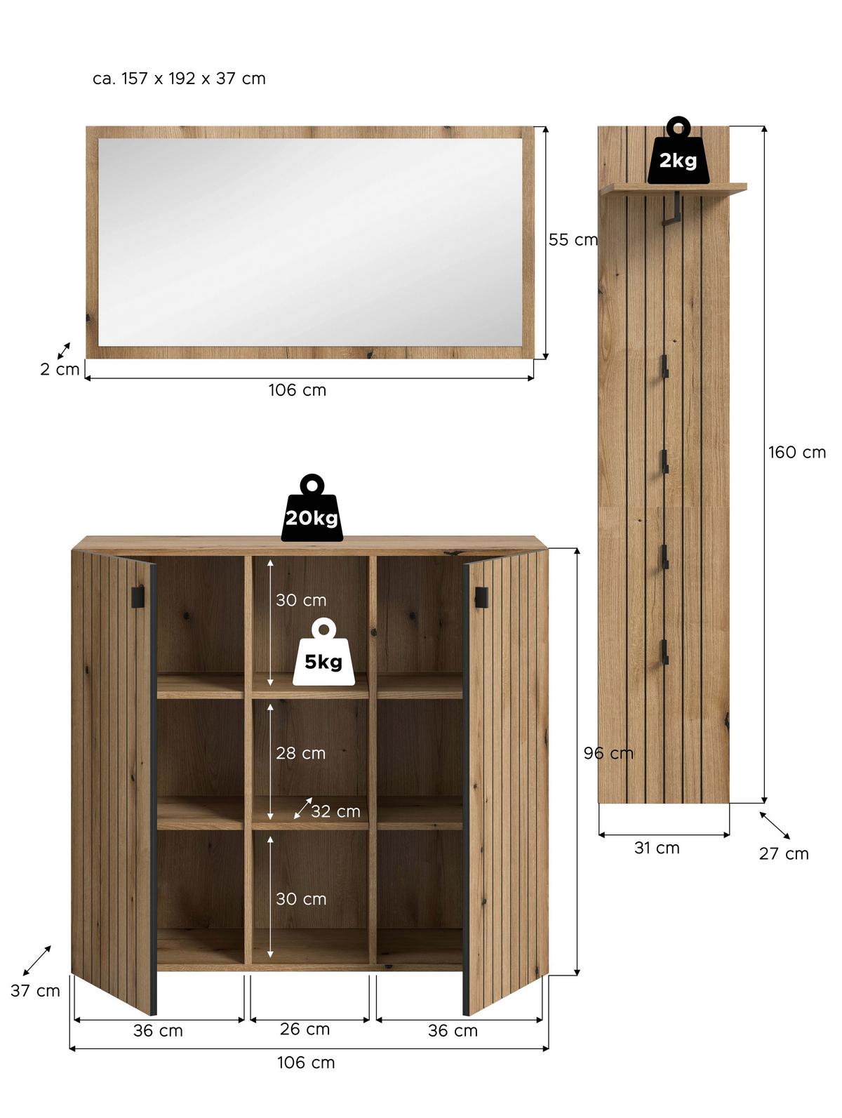 Garderobe Station Eiche Dekor B: 157cm - Eichefarben, Design, Holzwerkstoff (157/192/37cm) - MID.YOU
